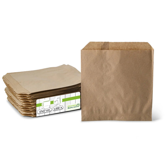 Buste di carta piatte 17 x 17 cm, kraft asporto domicilio Ristorazione Forniture Monouso Eco Bio Biodegradabile Packaging Consumabili Ecologico Ingrosso fornitore forniture Take away 1

