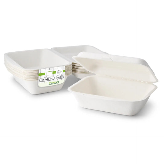 Contenitori per canna da zucchero 18,5 x 13 x 6,5 cm, coperchio incernierato, rettangolare asporto domicilio Ristorazione Forniture Monouso Eco Bio Biodegradabile Packaging Consumabili Ecologico Ingrosso fornitore forniture Take away 1
