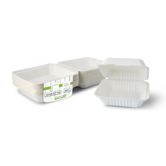 Contenitori per canna da zucchero 22 x 18,5 x 7 cm, coperchio incernierato, rettangolare asporto domicilio Ristorazione Forniture Monouso Eco Bio Biodegradabile Packaging Consumabili Ecologico Ingrosso fornitore forniture Take away 1
