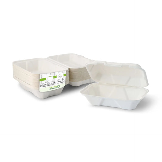 Contenitori per canna da zucchero 23 x 15,5 x 7,5 cm, coperchio incernierato, rettangolare asporto domicilio Ristorazione Forniture Monouso Eco Bio Biodegradabile Packaging Consumabili Ecologico Ingrosso fornitore forniture Take away 1
