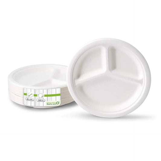 Piatto portamenù Sugarcane Ø 26 cm 3 scomparti rotondo asporto domicilio Ristorazione Forniture Monouso Eco Bio Biodegradabile Packaging Consumabili Ecologico Ingrosso fornitore forniture Take away 1

