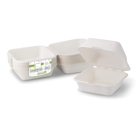 Scatole hamburger canna di zucchero 15x15x8 cm quadrate asporto domicilio Ristorazione Forniture Monouso Eco Bio Biodegradabile Packaging Consumabili Ecologico Ingrosso fornitore forniture Take away 1
